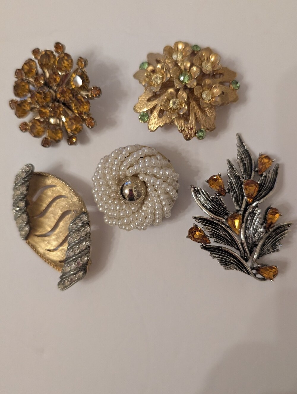 Vintage Brooch Set Of 5 Pearl, Rhinestone, Amber, Green